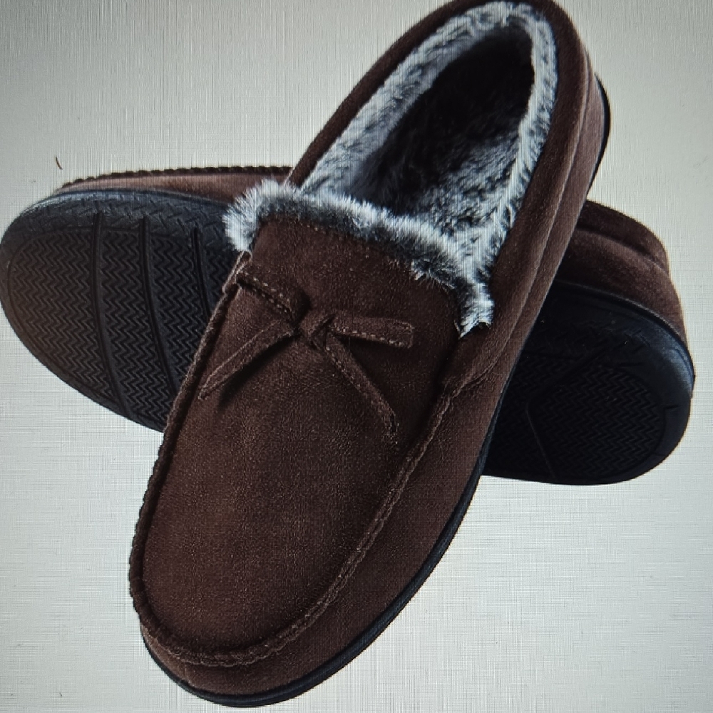 Dena Lives Men's Brown Suede Moccasin Slippers Indoor Outdoor Faux Fur Sz 11 NEW